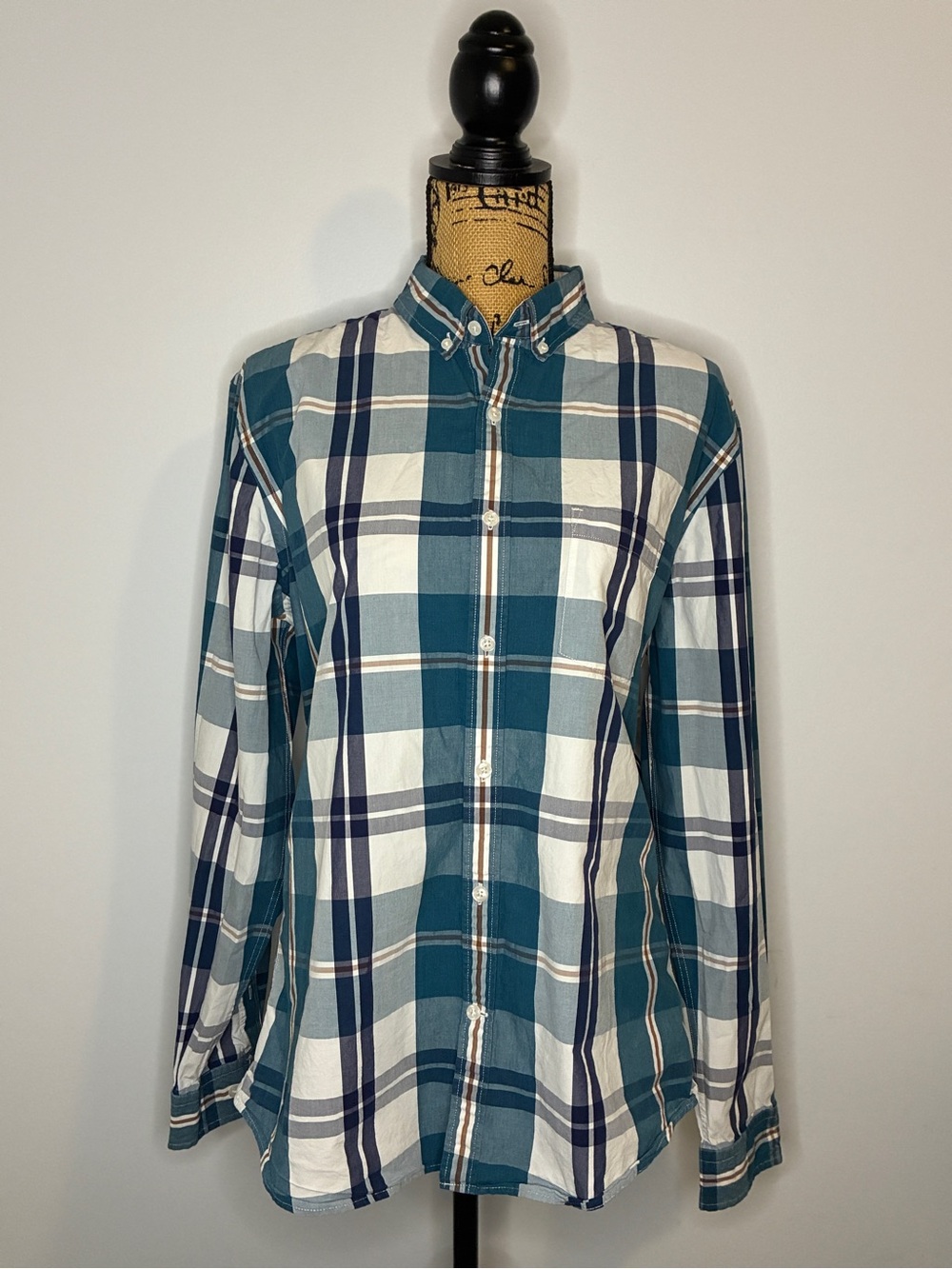 Express Cotton Teal and White Plaid Button-Down Shirt Size Large